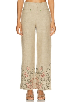 BODE Embroidered Trumpet Flower Murphy Trouser in Tan - Tan. Size 25 (also in 28, 29, 30).