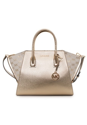 Michael Kors Avril Large Metallic Leather and Logo Jacquard Satchel