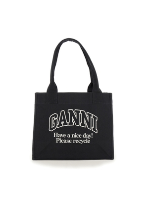 Ganni Black Shopper With Embroidered Logo On The Front In Denim