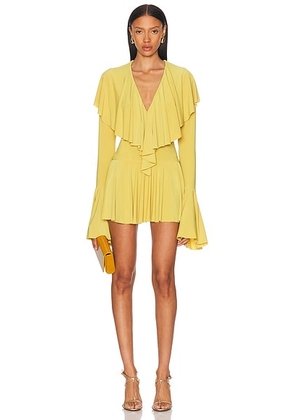 Norma Kamali Long Sleeve Deep V Ruffle Mini Dress in Asparagus - Mustard. Size M (also in ).
