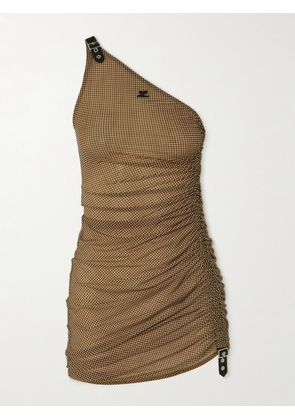 COURREGES - Buckled Ruched Checked Chiffon Mini Dress - Brown - x small,small,medium,large,x large