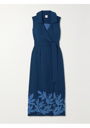Loretta Caponi - + Net Sustain Noemi Belted Embroidered Crepe Midi Dress - Blue - x small,small,medium,large,x large