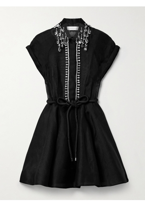Zimmermann - Matchmaker Flip Belted Crystal-embellished Linen And Silk-blend Organza Mini Dress - Black - 00,1,2,3,4