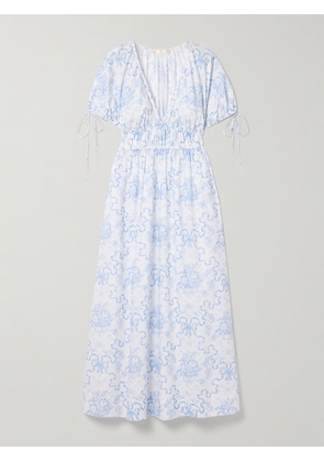 LOVESHACKFANCY - Mastey Shirred Printed Cotton Midi Dress - Blue - xx small,x small,small,medium,large,x large