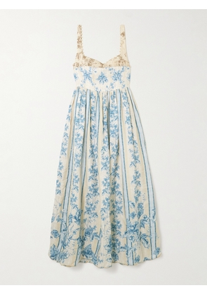 Agua by Agua Bendita - Barbara Bougainvillea Embellished Printed Linen Midi Dress - Blue - x small,small,medium,large,x large