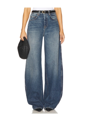 GRLFRND Paola Barrel Leg Long Inseam Jeans in Blue. Size 24. Also in 25, 26.