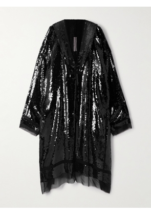 Rick Owens - Hooded Tulle-trimmed Sequined Silk-crepe Kaftan - Black - One size