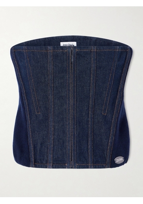 Jean Paul Gaultier - Ribbed Wool-blend Trimmed Denim Corset Top - Blue - x small,small,medium,large,x large