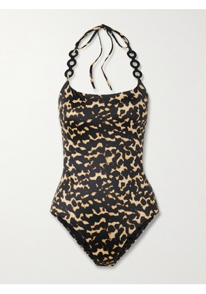 STAUD - Laird Embellished Printed Halterneck Swimsuit - Brown - x small,small,medium,large,x large