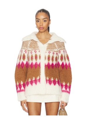 NAADAM Italian Luxe Brushed Fair Isle Reversible Cardigan in Brown,Fuchsia. Size L. Also in M, S, XL, XS.