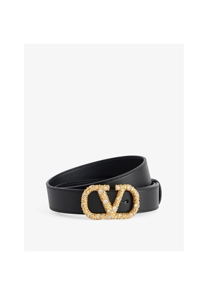 Womens Valentino Garavani Vlogo Signature Crystal-Embellished Leather Belt