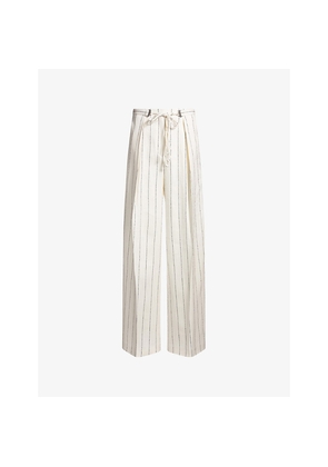 Womens Boss Pinstriped Wide-Leg High-Rise Stretch Linen-Blend Trousers