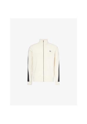 Mens Fred Perry Embroidered-Logo Contrasting-Panel Wool-Blend Cardigan