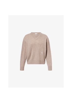 Womens Sporty & Rich V-Neck Embroidered-Logo Cashmere-And-Wool Jumper