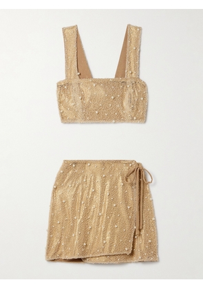 Sara Cristina - Marea Embellished Tulle And Stretch-jersey Top And Mini Skirt Set - Gold - x small,small,medium,large,x large