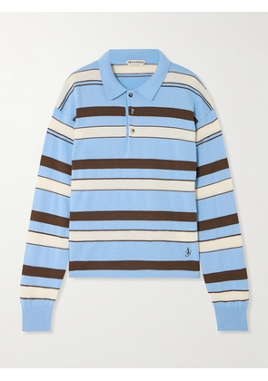 JW Anderson - Embroidered Striped Cotton And Wool-blend Polo Shirt - Blue - xx small,x small,small,medium,large,x large,xx large
