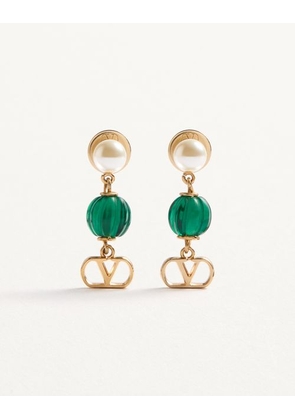 Valentino Garavani Vlogo Signature Earrings In Metal, Pearl And Knurled Glass Woman GOLD/GREEN UNI