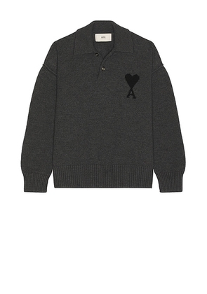 AMI Paris Polo Sweater in Heather Grey & Black - Grey. Size L (also in S, XL/1X).