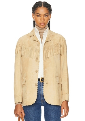 Ralph Lauren Collection Ryland Fringe-Trim Lamb-Suede Jacket in Tan - Tan. Size 6 (also in 4).