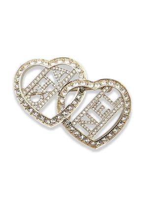 CHANEL Pre-Owned 2023 Gold Plated Rhinestones Logo Double Heart Brooch costume brooch