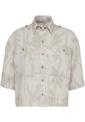 Brunello Cucinelli leaf-print linen shirt - Neutrals