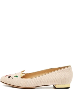 Charlotte Olympia pre-owned embroidered-kitty loafers - Neutrals