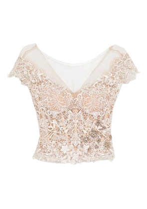 Gemy Maalouf bead-embellished lace top - Neutrals