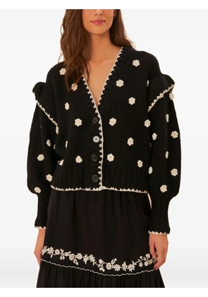FARM Rio flower-embellished ruffled cardigan - Black