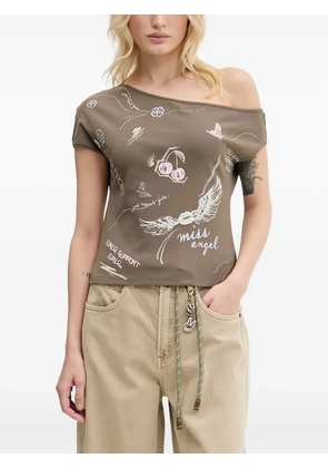 Miss Sixty graffite slanted one-shoulder embellished top - Brown