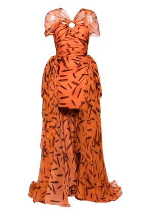 Isabel Sanchis feather-print draped silk gown - Orange