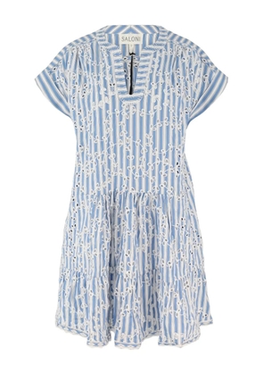 Saloni striped-pattern embroidered-dress - Blue