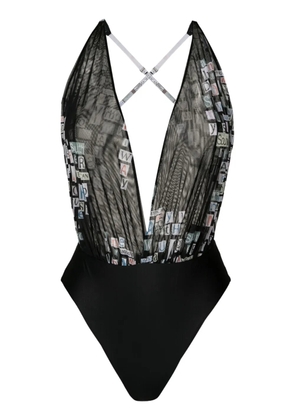 Amir Slama text-print V-neck bodysuit - Black