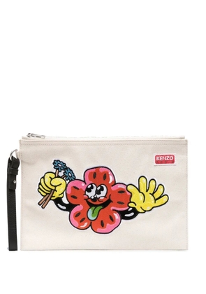 Kenzo motif-embroidered clutch bag - Neutrals