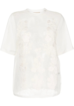 Elie Saab floral-appliqué sheer T-shirt - White