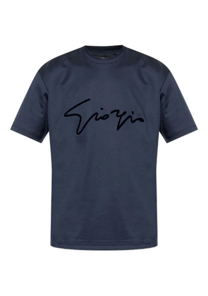 Giorgio Armani signature-embroidered cotton T-shirt - Blue