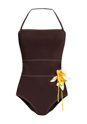 Tory Burch halterneck floral-appliqué swimsuit - Brown