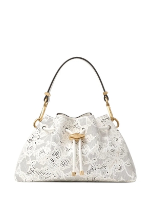 Jimmy Choo small Cinch perforated-lace drawstring shoulder bag - White
