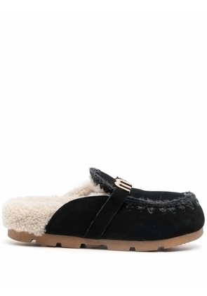 Mou logo-plaque shearling slippers - Black