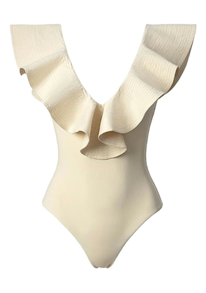 SOFIA ERHAN sleeveless ruffle-neck swimsuit - Neutrals