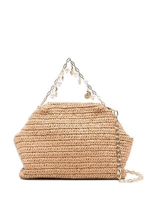 Self-Portrait charm-detail raffia clutch bag - Neutrals