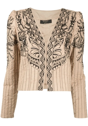 TWINSET graphic-embroidered quilted jacket - Brown
