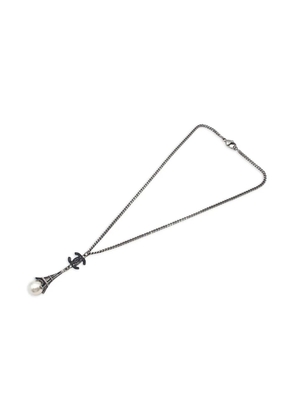 CHANEL Pre-Owned 2006 Silver Plated Faux Pearl Enamel CC Eiffel Tower Charm Necklace costume necklace