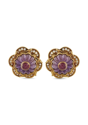 Harry Winston 18K Yellow gold diamond amethyst ruby flower clip-on earrings