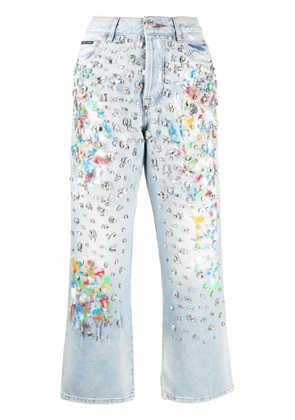 Philipp Plein cropped rhinestone-embellished jeans - Blue