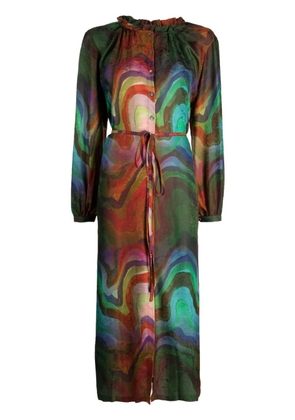 Raquel Allegra wave pattern frilled-neckline silk dress - Brown