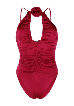 Noire Swimwear floral-appliqué ruched swimsuit - Red