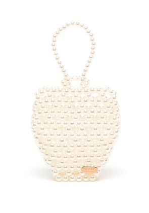 0711 Strawberry beaded tote bag - White