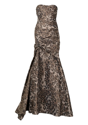 Ml Monique Lhuillier cold-shoulder leopard print gown - Brown