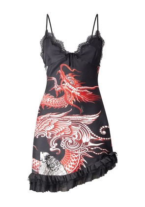 Roberto Cavalli frilled dragon-print mini dress - Black