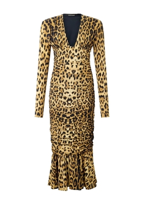 Roberto Cavalli ruched leopard-print midi dress - Yellow